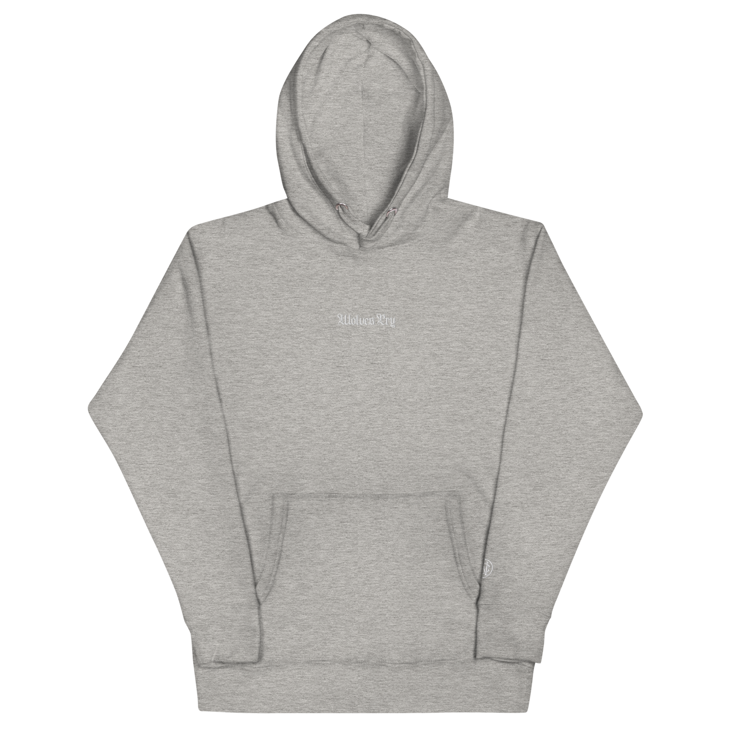 Front mock-up of Wolves Cry Everyday Hoodie in heather grey with tonal embroidery — classic gym-to-street look.