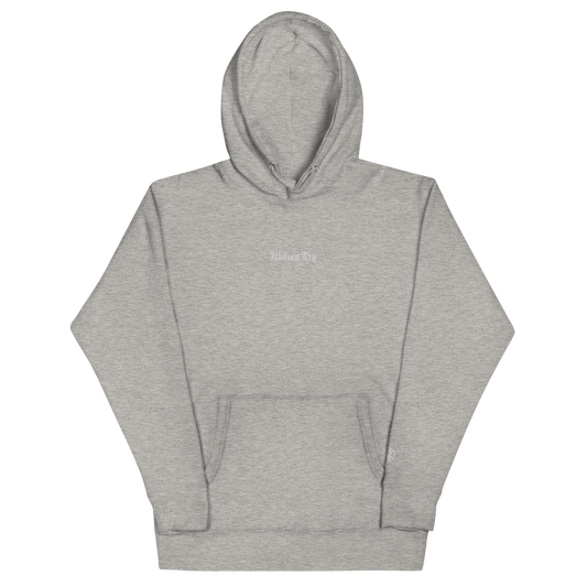 Front mock-up of Wolves Cry Everyday Hoodie in heather grey with tonal embroidery — classic gym-to-street look.