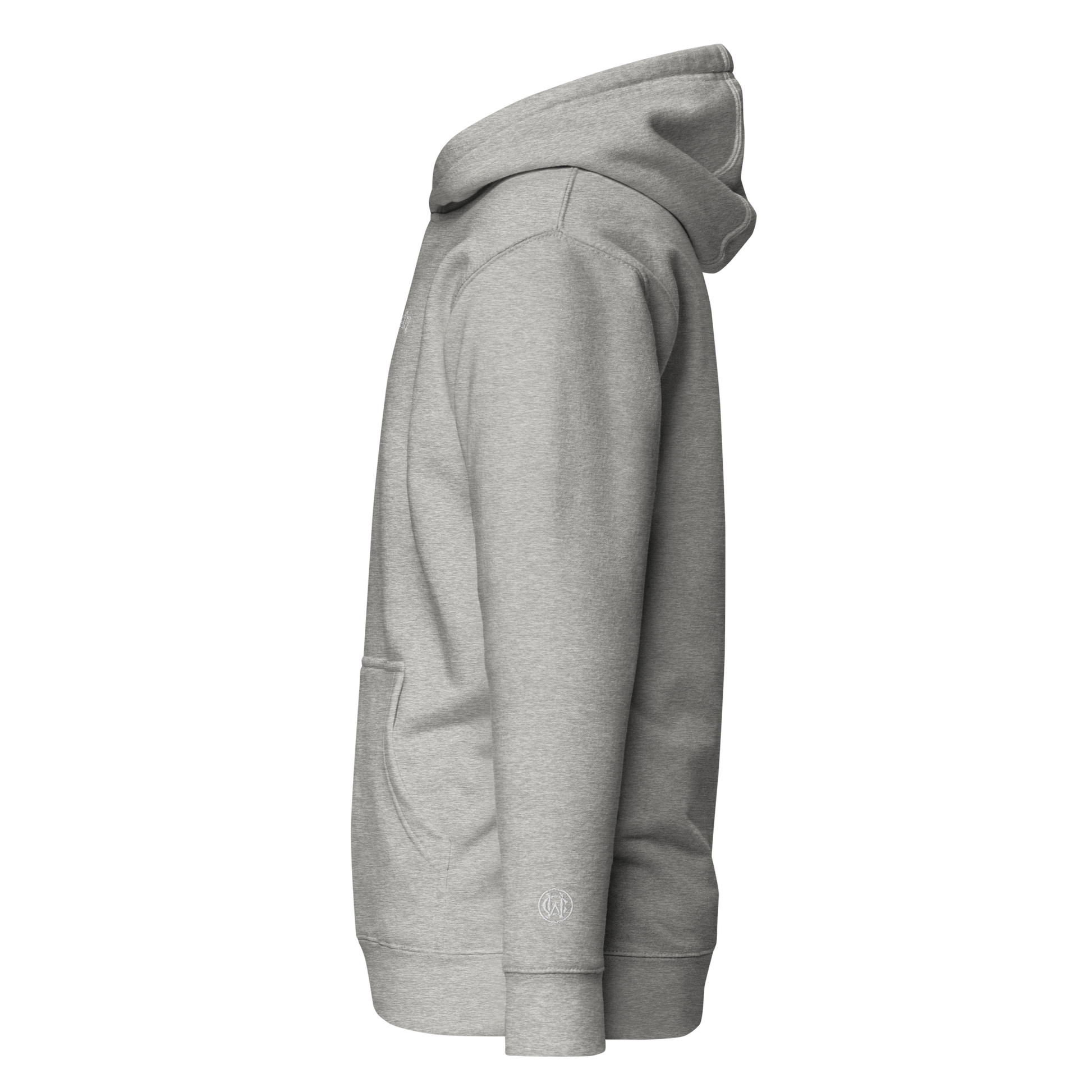 Side view of heather grey Wolves Cry Hoodie highlighting wrist monogram embroidery and soft cotton texture.
