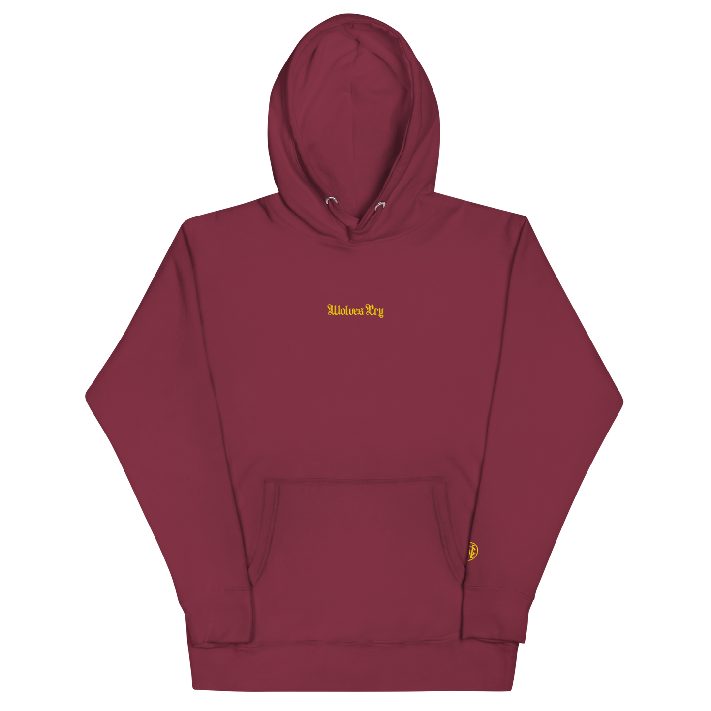 Front mock-up of Wolves Cry Everyday Hoodie in maroon with gold embroidery — rich, heritage colourway.