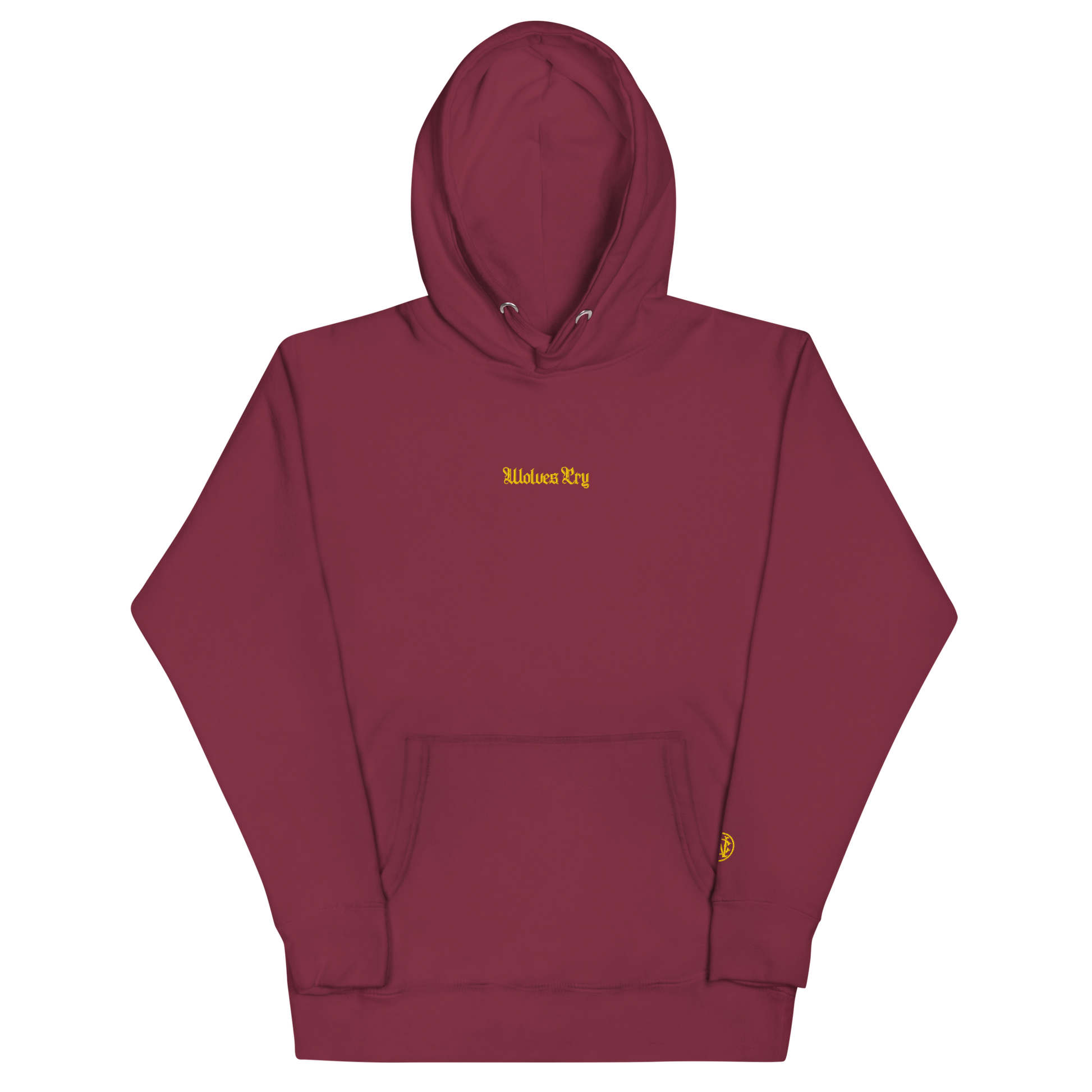 Front mock-up of Wolves Cry Everyday Hoodie in maroon with gold embroidery — rich, heritage colourway.