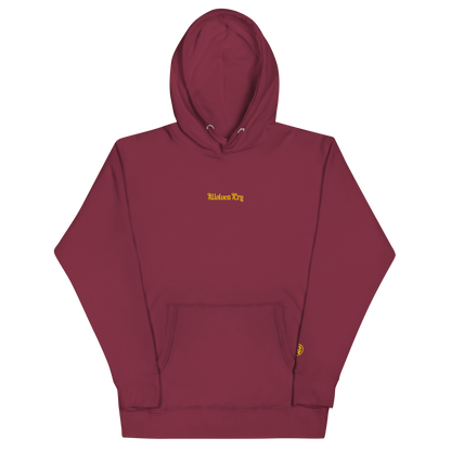 Front mock-up of Wolves Cry Everyday Hoodie in maroon with gold embroidery — rich, heritage colourway.