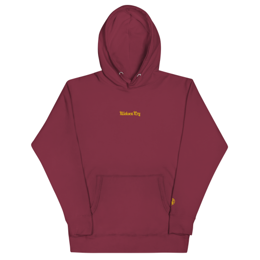 Front mock-up of Wolves Cry Everyday Hoodie in maroon with gold embroidery — rich, heritage colourway.