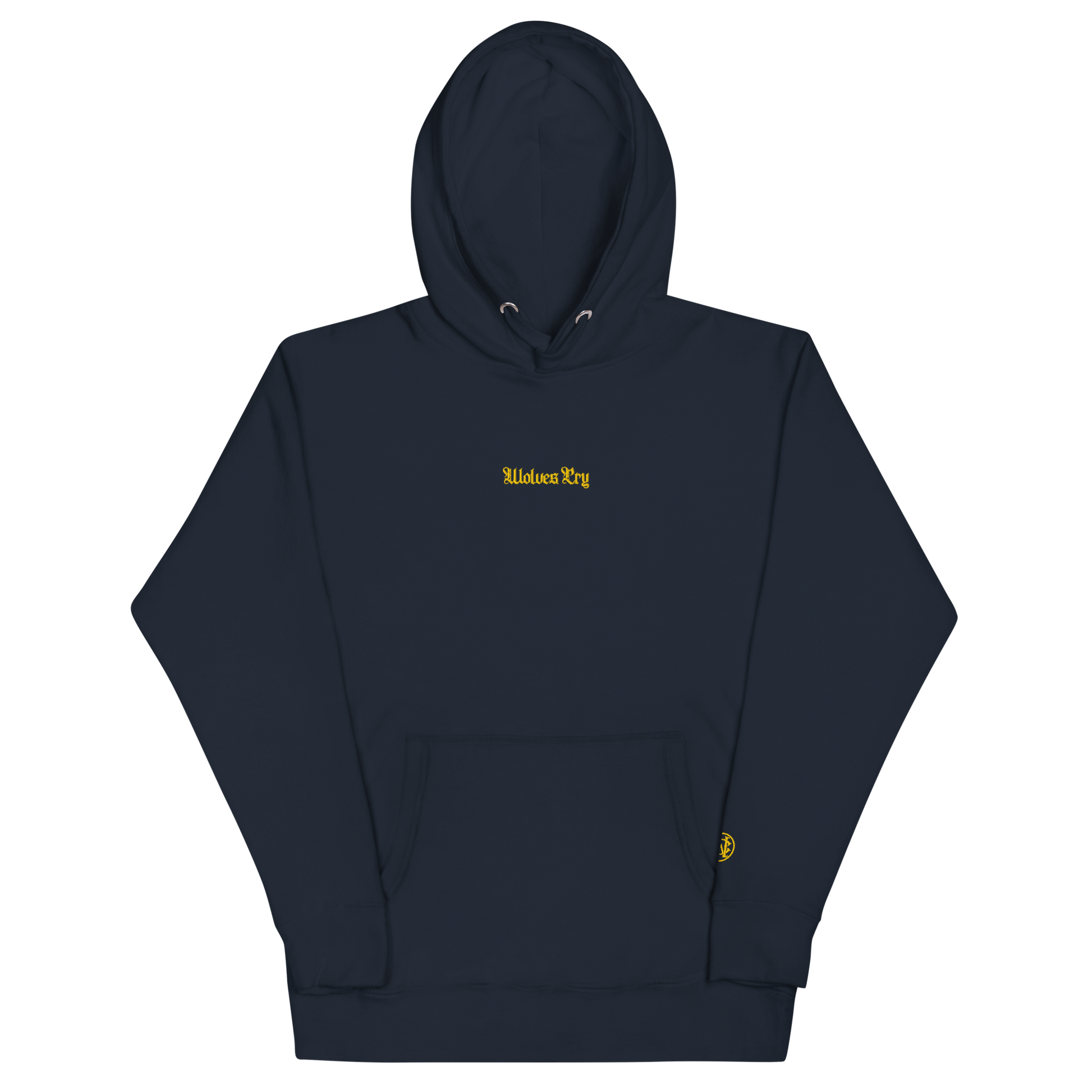 Wolves Cry Everyday Hoodie in navy with yellow embroidery — clean, confident, and classic.