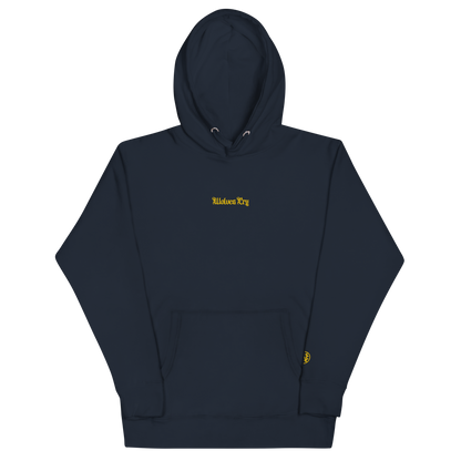 Wolves Cry Everyday Hoodie in navy with yellow embroidery — clean, confident, and classic.