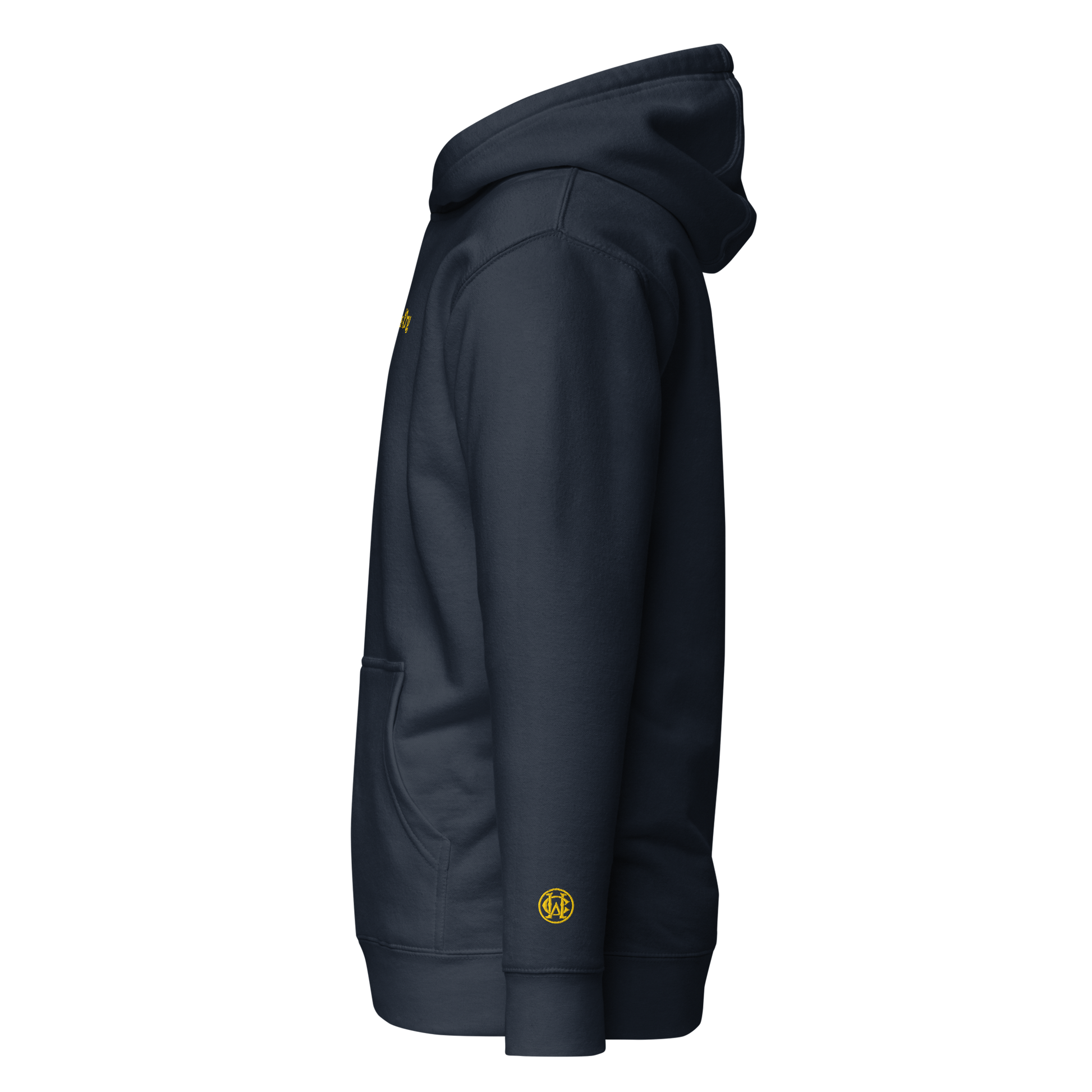 Side view of navy Wolves Cry Hoodie with yellow wrist monogram — balanced heritage energy.