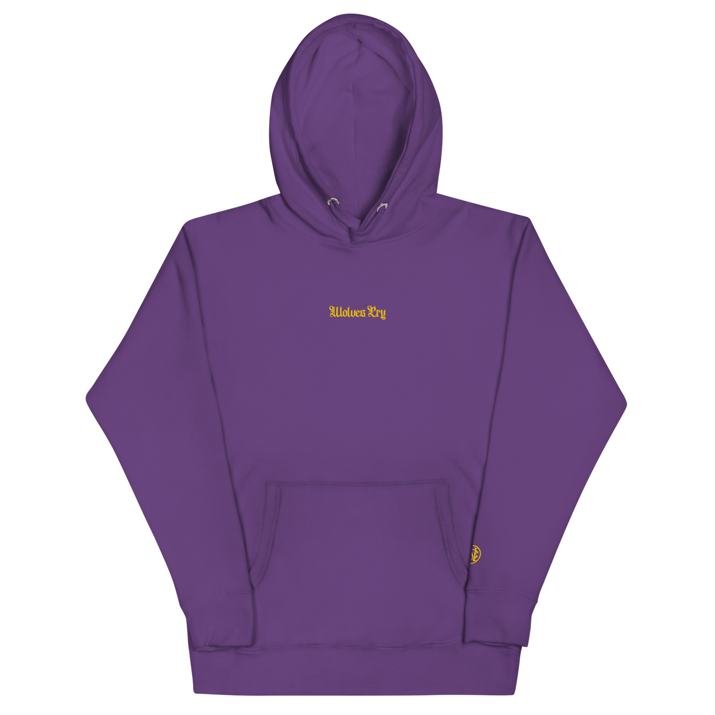 Front mock-up of Wolves Cry Everyday Hoodie in royal purple with gold embroidery — timeless and statement-ready.