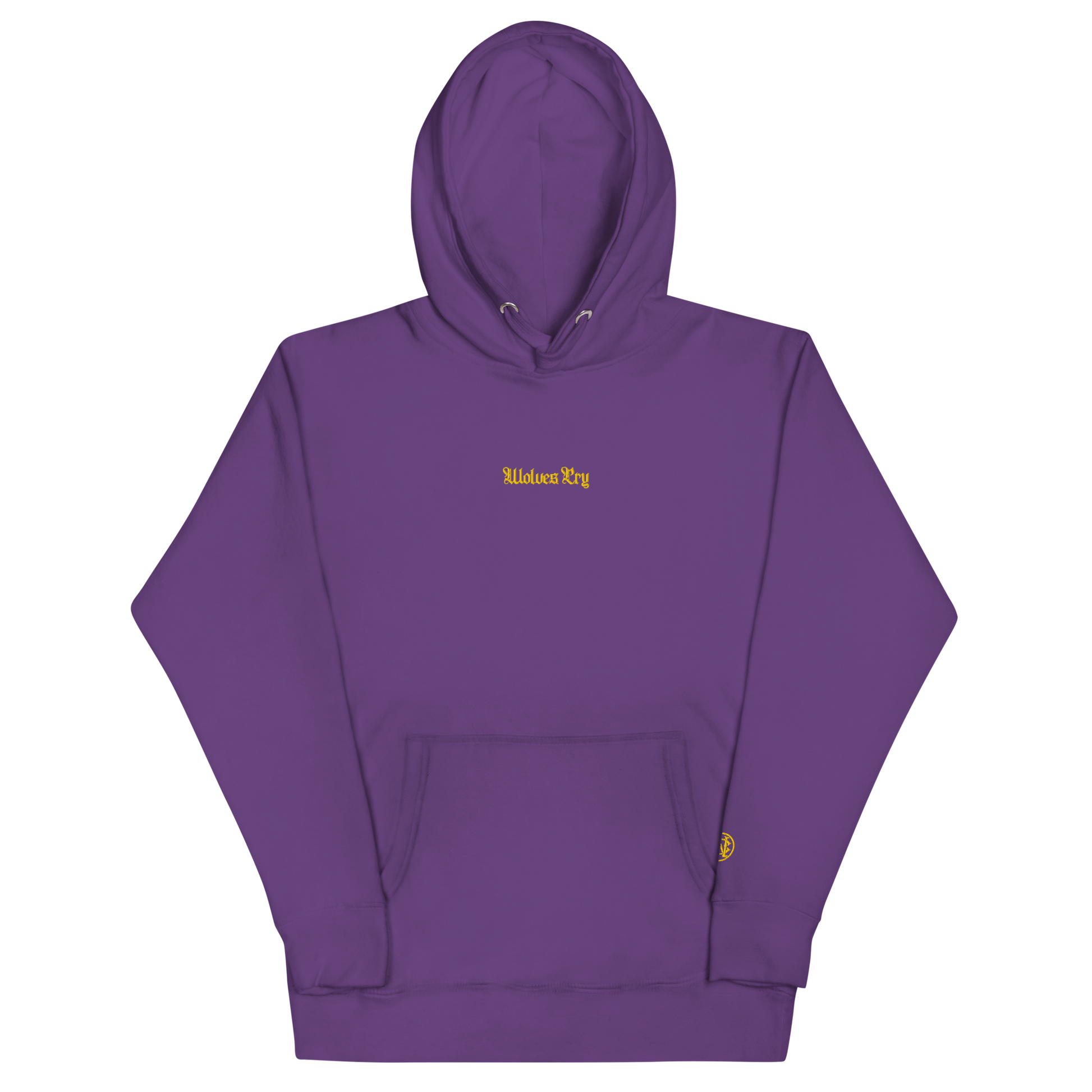 Front mock-up of Wolves Cry Everyday Hoodie in royal purple with gold embroidery — timeless and statement-ready.