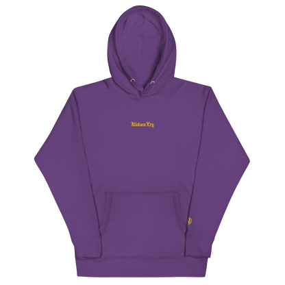 Front mock-up of Wolves Cry Everyday Hoodie in royal purple with gold embroidery — timeless and statement-ready.