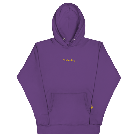 Front mock-up of Wolves Cry Everyday Hoodie in royal purple with gold embroidery — timeless and statement-ready.
