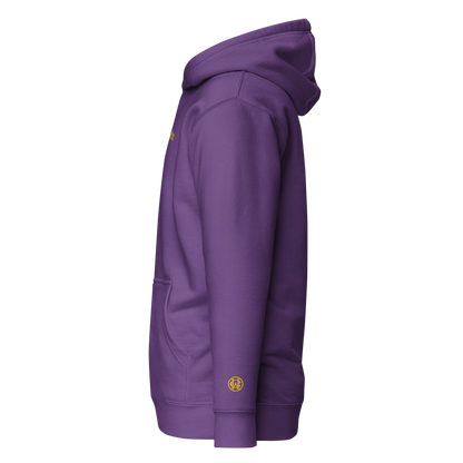Side view of purple Wolves Cry Hoodie with gold wrist monogram — elevated street classic.