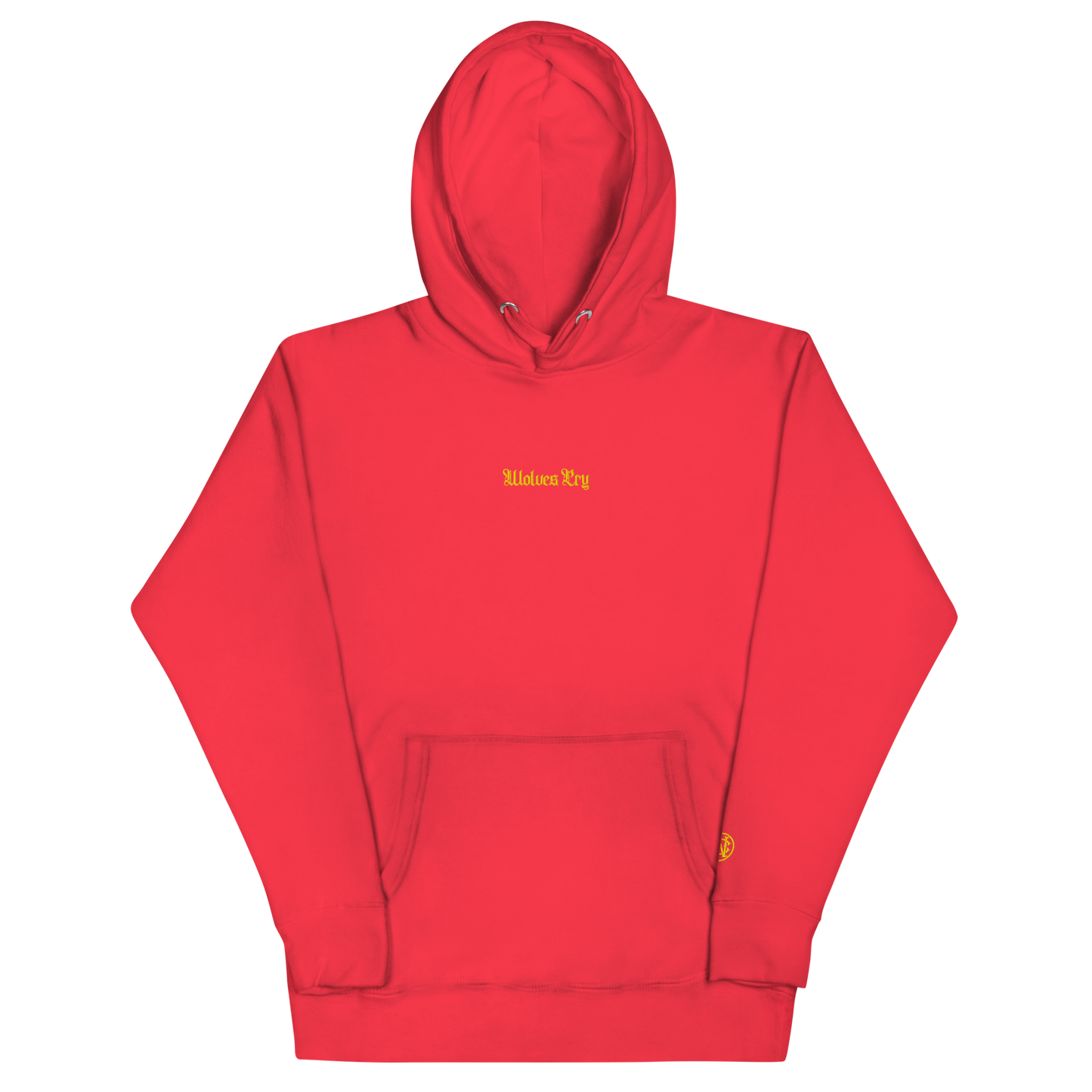 Front view of Wolves Cry Everyday Hoodie in red with yellow embroidery — bold, energetic contrast for streetwear lovers.