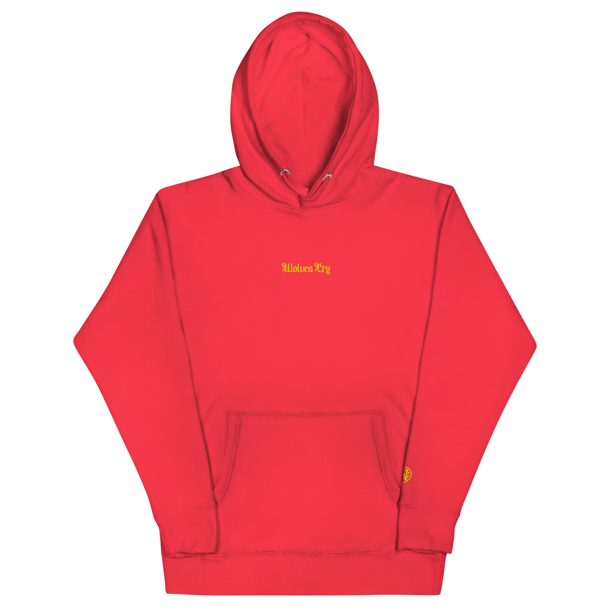Front view of Wolves Cry Everyday Hoodie in red with yellow embroidery — bold, energetic contrast for streetwear lovers.