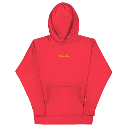 Front view of Wolves Cry Everyday Hoodie in red with yellow embroidery — bold, energetic contrast for streetwear lovers.