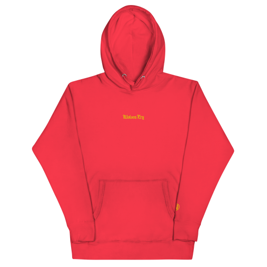 Front view of Wolves Cry Everyday Hoodie in red with yellow embroidery — bold, energetic contrast for streetwear lovers.