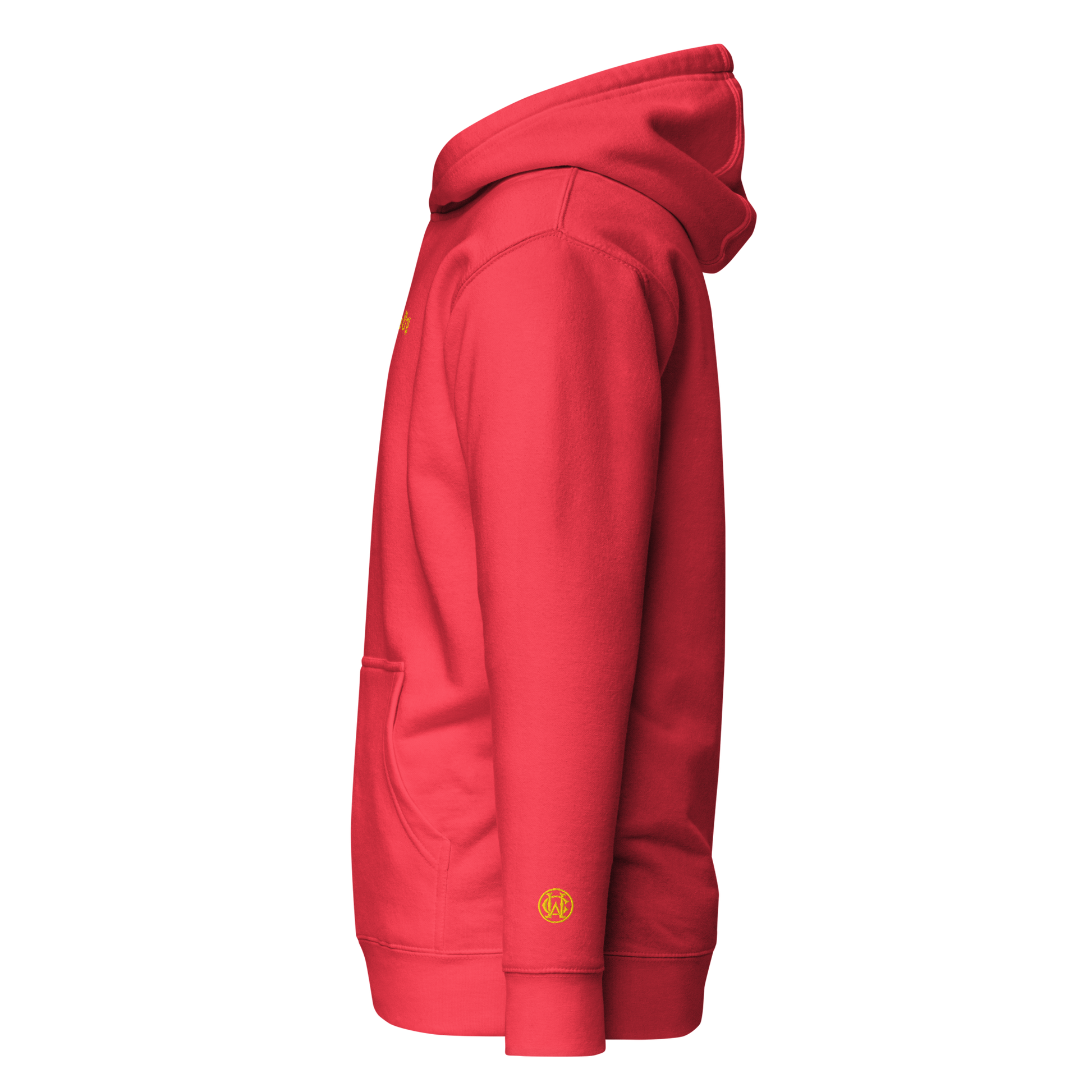 Side angle of red Wolves Cry Hoodie showing yellow monogram wrist embroidery for a sharp athletic finish.