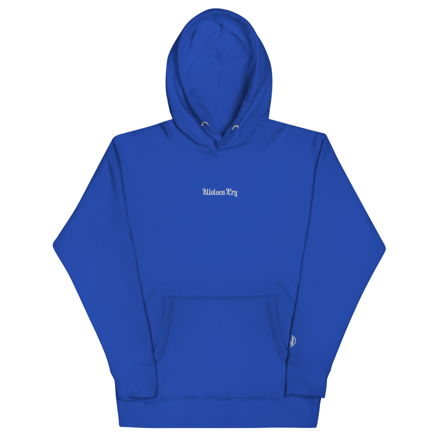Wolves Cry Everyday Hoodie in royal blue with white embroidery — athletic heritage meets refined minimalism.