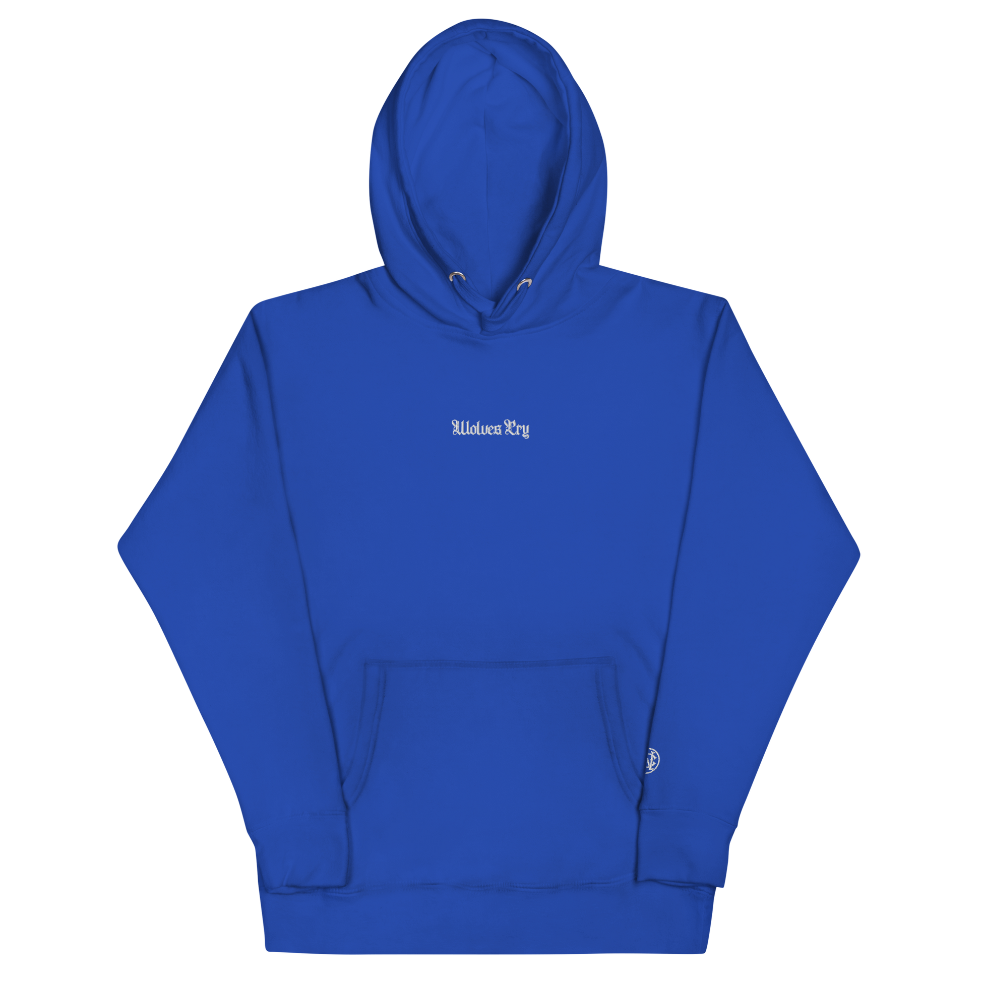 Wolves Cry Everyday Hoodie in royal blue with white embroidery — athletic heritage meets refined minimalism.
