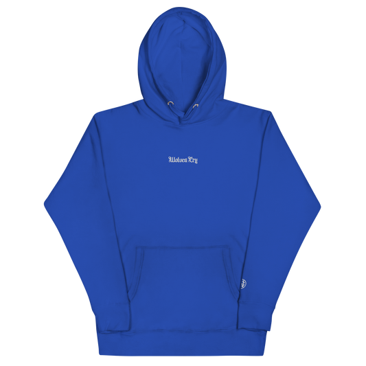 Wolves Cry Everyday Hoodie in royal blue with white embroidery — athletic heritage meets refined minimalism.