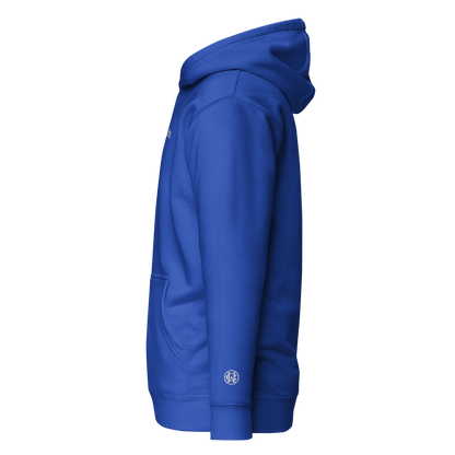 Side view of royal blue hoodie with white monogram wrist embroidery, clean and versatile.
