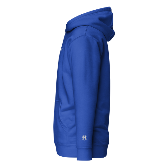 Side view of royal blue hoodie with white monogram wrist embroidery, clean and versatile.