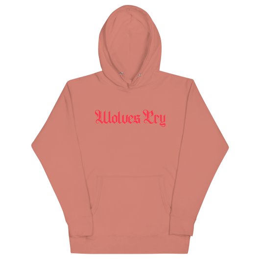 Front mock-up of Wolves Cry Everyday Spellout Hoodie in double coral — statement colorway with red gothic embroidery for a fearless, confident street look.