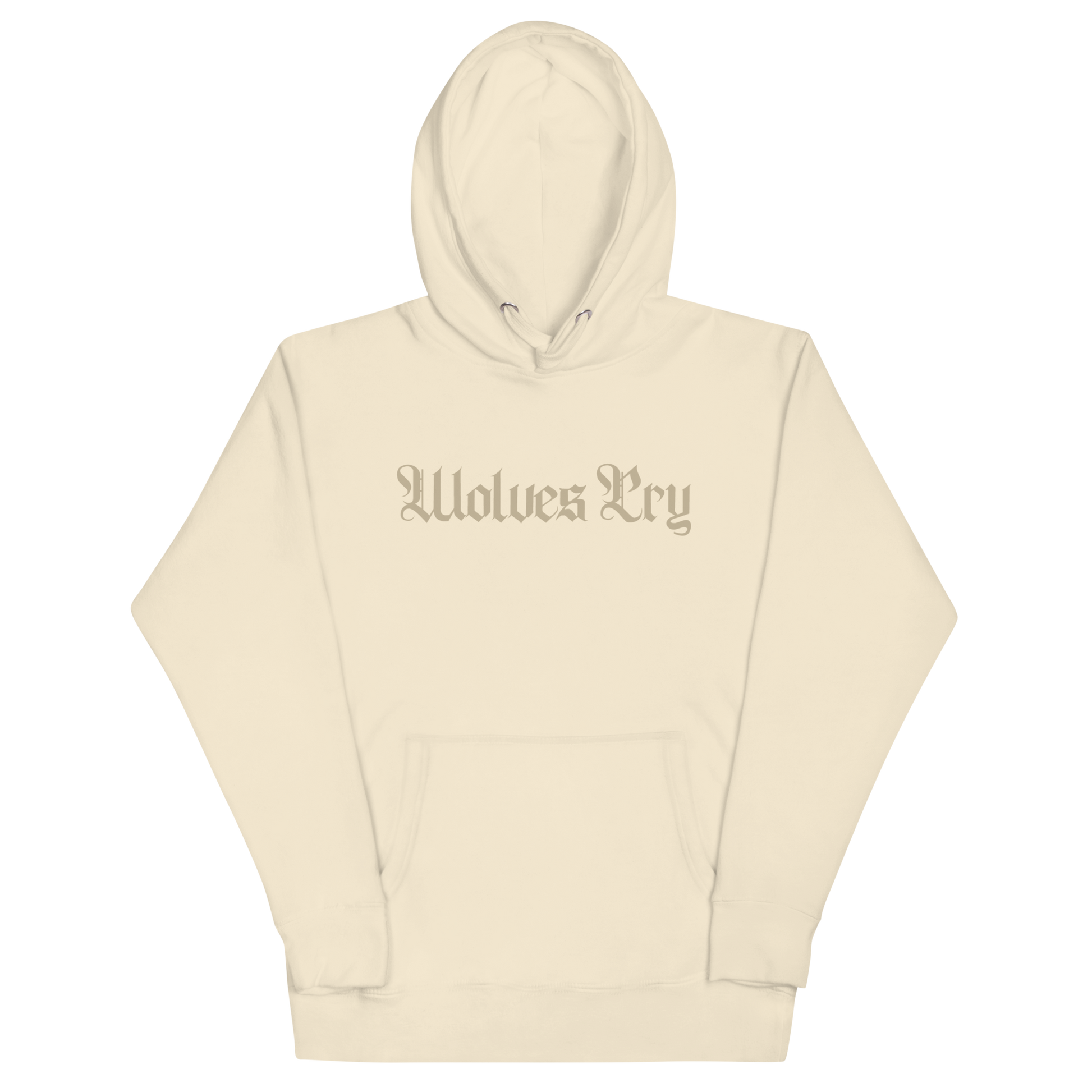 Front mock-up of Wolves Cry Everyday Spellout Hoodie in double oatmeal — tonal logo embroidery on heavyweight cotton for a clean, minimal aesthetic.