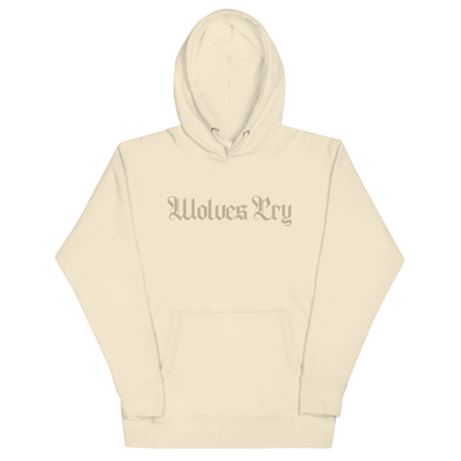 Front mock-up of Wolves Cry Everyday Spellout Hoodie in double oatmeal — tonal logo embroidery on heavyweight cotton for a clean, minimal aesthetic.
