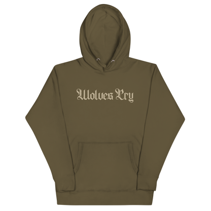 Front mock-up of Wolves Cry Everyday Spellout Hoodie in double olive — tonal logo embroidery and heavyweight cotton blend for a rugged military-inspired look.