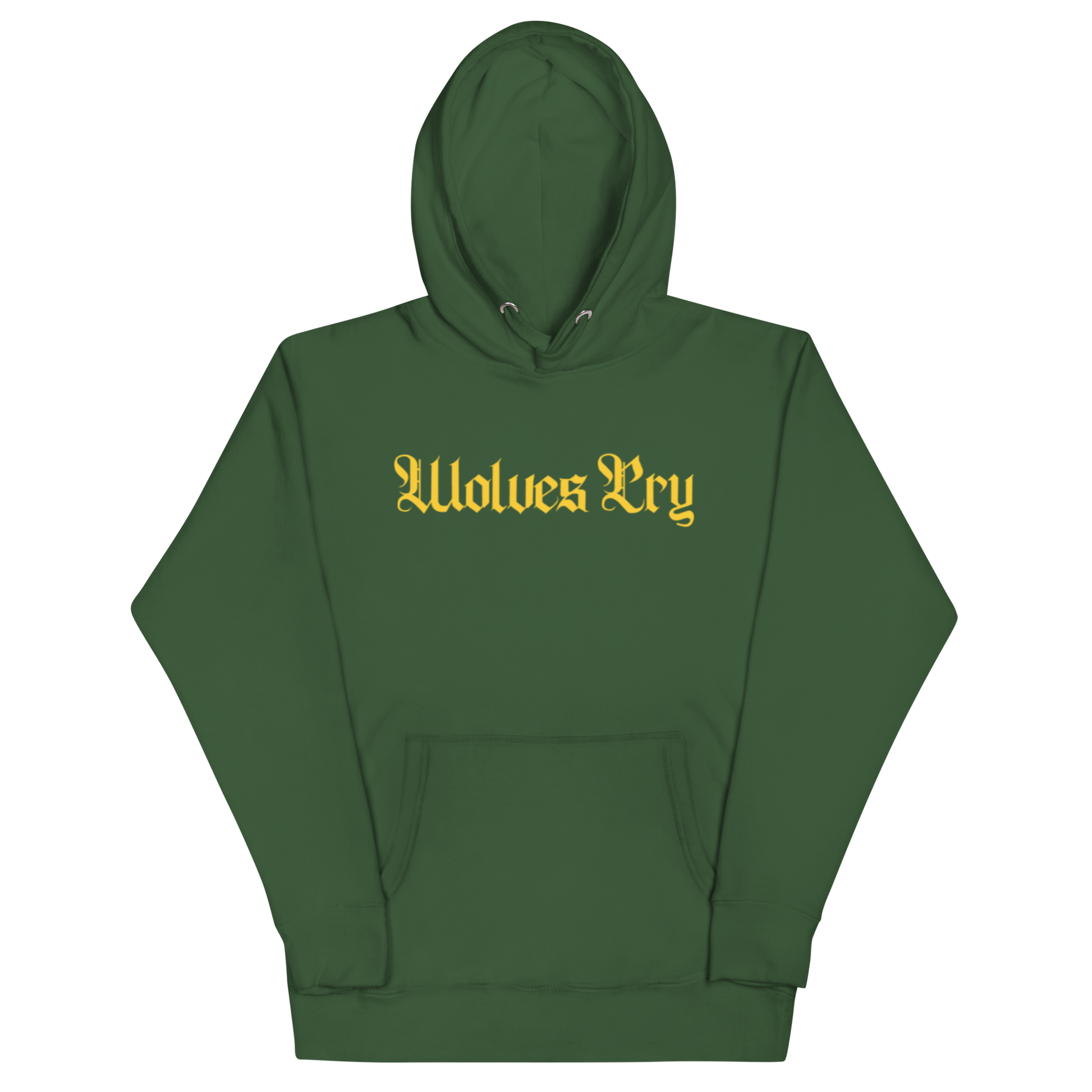 Front mock-up of Wolves Cry Everyday Spellout Hoodie in forest green with yellow gothic embroidery — bold sports-inspired colorway and everyday heavyweight cotton.