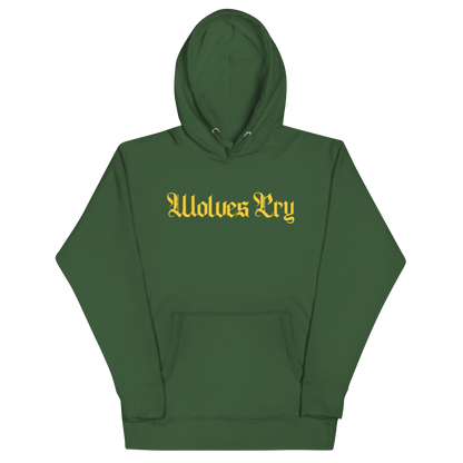 Front mock-up of Wolves Cry Everyday Spellout Hoodie in forest green with yellow gothic embroidery — bold sports-inspired colorway and everyday heavyweight cotton.