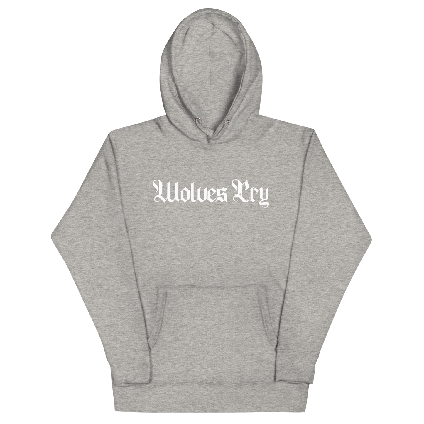 Front mock-up of Wolves Cry Everyday Spellout Hoodie in heather grey with white embroidery — minimalist tone-on-tone streetwear built for daily rotation.