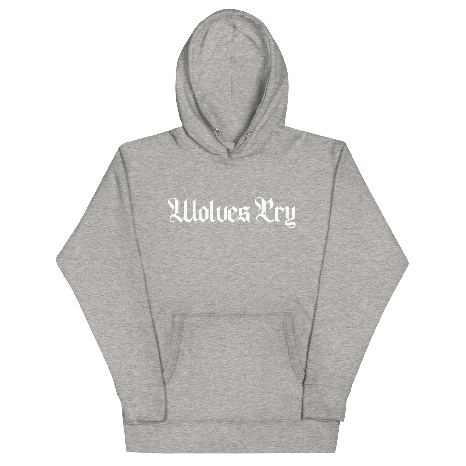 Front mock-up of Wolves Cry Everyday Spellout Hoodie in heather grey with white embroidery — minimalist tone-on-tone streetwear built for daily rotation.