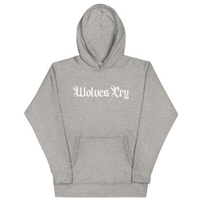 Front mock-up of Wolves Cry Everyday Spellout Hoodie in heather grey with white embroidery — minimalist tone-on-tone streetwear built for daily rotation.