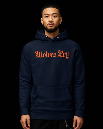 Wolves Cry Everyday Spellout Hoodie in navy and orange — bold contrast stands out under low light for an elevated street aesthetic.