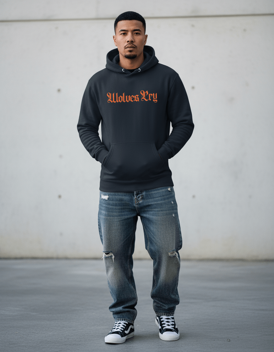 Model wearing Wolves Cry Everyday Spellout Hoodie in navy and orange under studio lighting — clean, confident streetwear with vintage sports energy.