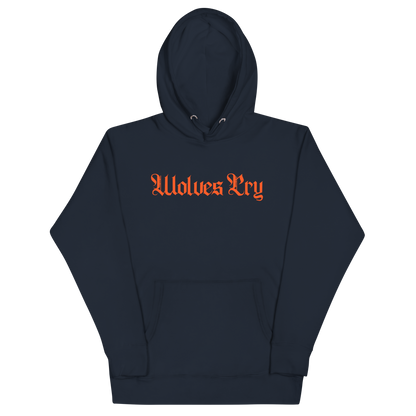 Front mock-up of Wolves Cry Everyday Spellout Hoodie in navy with orange embroidery — sharp contrast design rooted in classic athletic heritage.