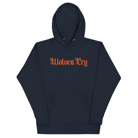 Front mock-up of Wolves Cry Everyday Spellout Hoodie in navy with orange embroidery — sharp contrast design rooted in classic athletic heritage.