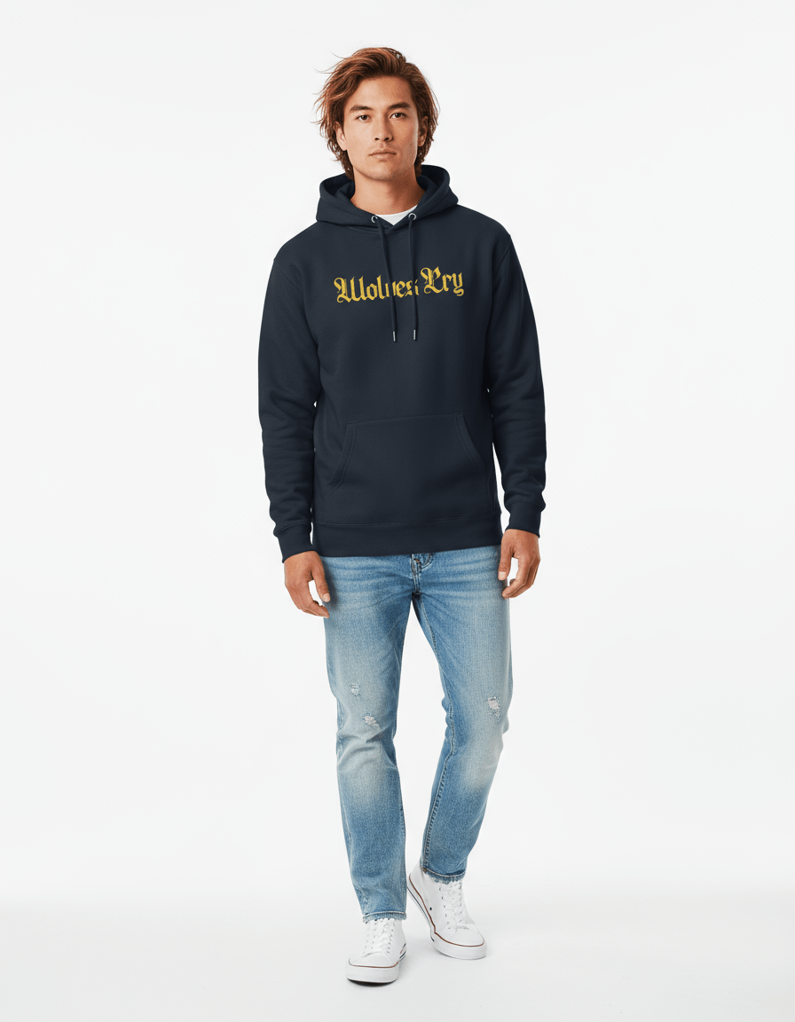 Model in Wolves Cry Everyday Spellout Hoodie navy & yellow — timeless varsity pairing built for everyday wear and performance.