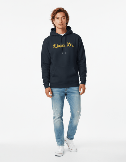 Model in Wolves Cry Everyday Spellout Hoodie navy & yellow — timeless varsity pairing built for everyday wear and performance.