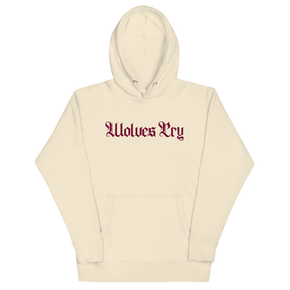 Front mock-up of Wolves Cry Everyday Spellout Hoodie in oatmeal with merlot embroidery — refined streetwear tones meeting royal minimalism.