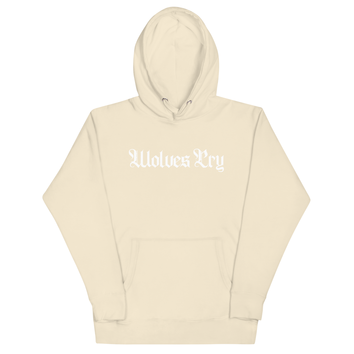 Front mock-up of Wolves Cry Everyday Spellout Hoodie in oatmeal with white embroidery — minimalist design built for timeless streetwear rotation.