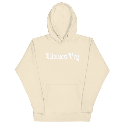 Front mock-up of Wolves Cry Everyday Spellout Hoodie in oatmeal with white embroidery — minimalist design built for timeless streetwear rotation.
