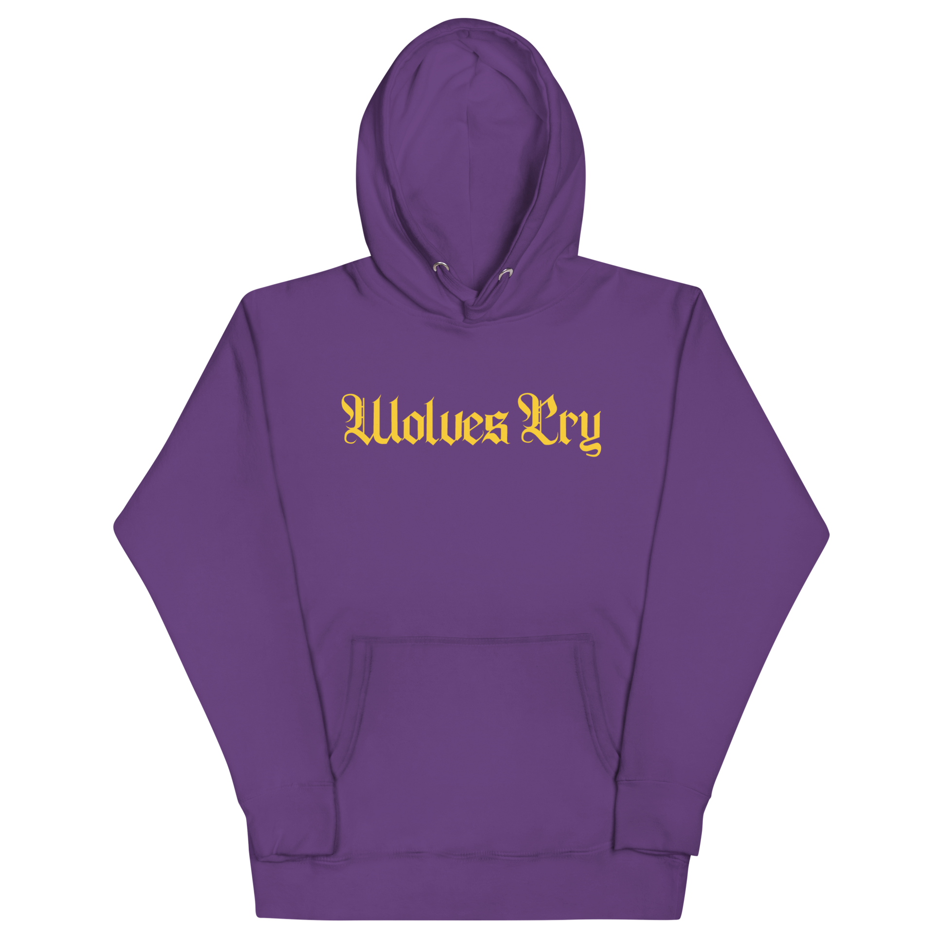 Front mock-up of Wolves Cry Everyday Spellout Hoodie in purple with gold embroidery — a bold, regal pairing inspired by vintage team heritage.