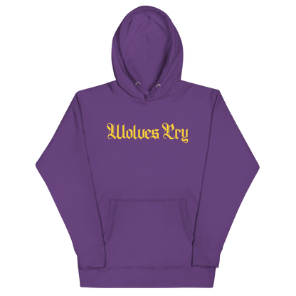 Front mock-up of Wolves Cry Everyday Spellout Hoodie in purple with gold embroidery — a bold, regal pairing inspired by vintage team heritage.