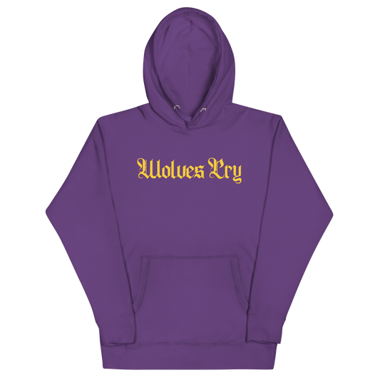 Front mock-up of Wolves Cry Everyday Spellout Hoodie in purple with gold embroidery — a bold, regal pairing inspired by vintage team heritage.