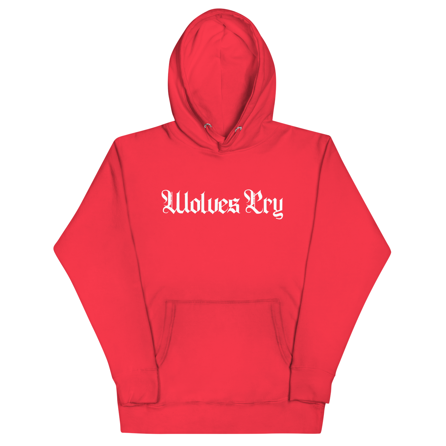 Front mock-up of Wolves Cry Everyday Spellout Hoodie in red with white gothic logo — bold contrast and timeless streetwear appeal.