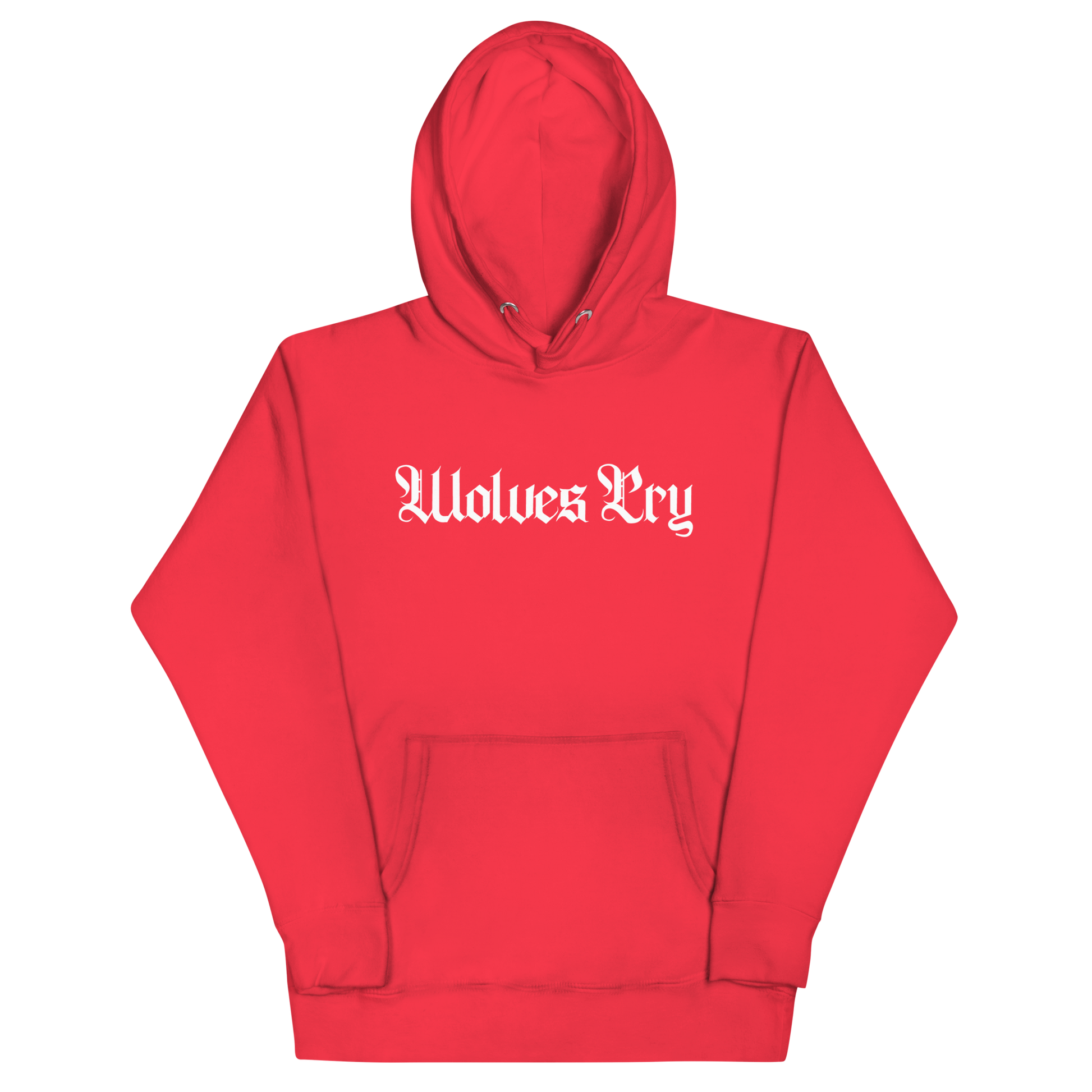 Front mock-up of Wolves Cry Everyday Spellout Hoodie in red with white gothic logo — bold contrast and timeless streetwear appeal.