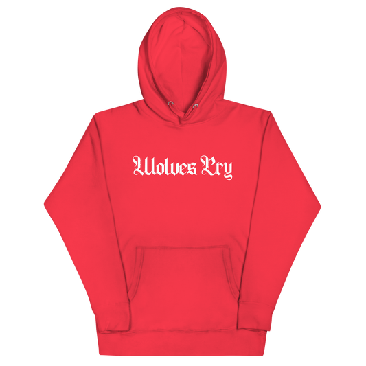 Front mock-up of Wolves Cry Everyday Spellout Hoodie in red with white gothic logo — bold contrast and timeless streetwear appeal.