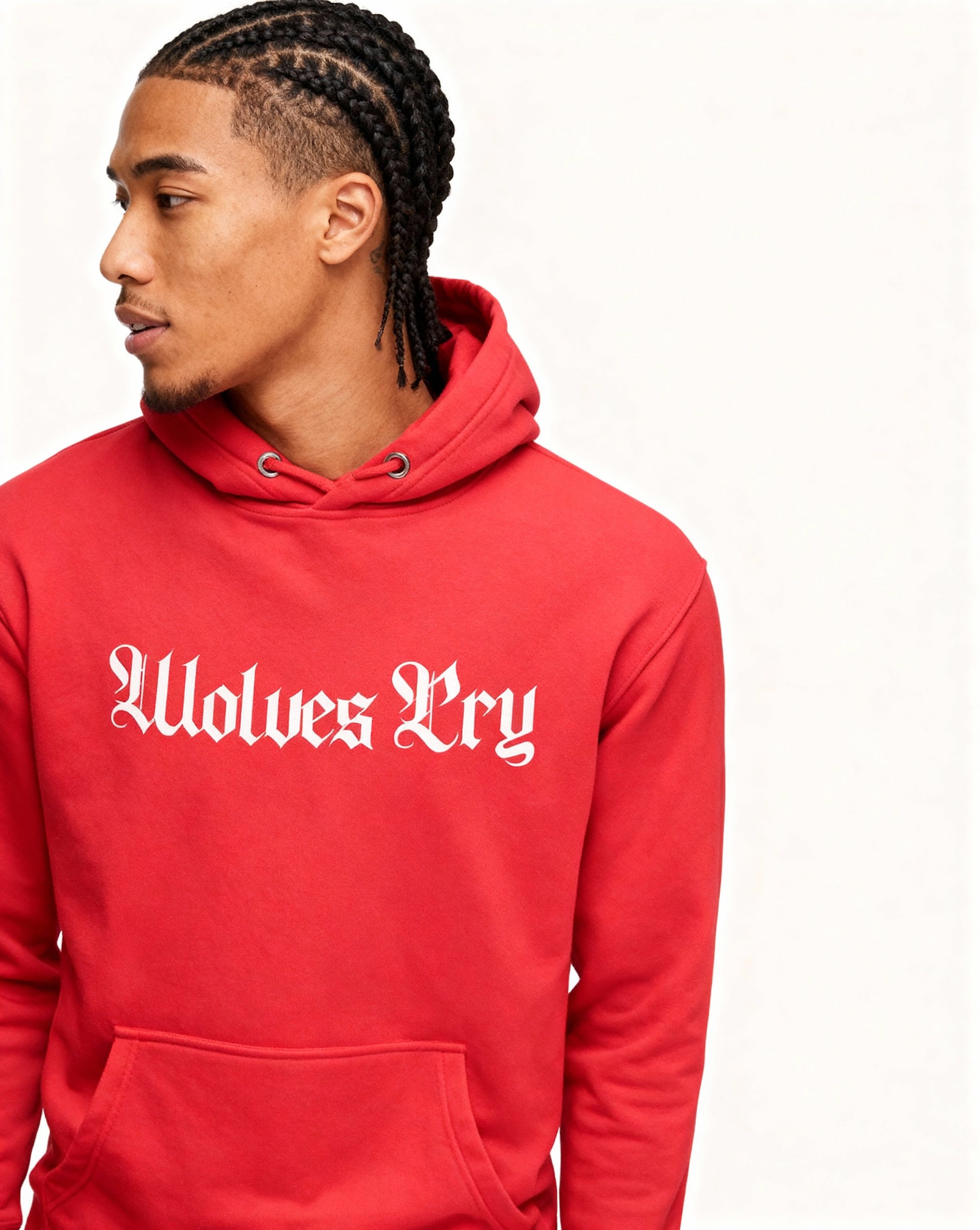Side profile of model wearing Wolves Cry Everyday Spellout Hoodie in red and white — athletic fit with classic heritage tones.